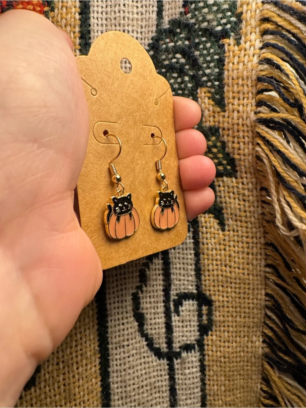 Black Cat Pumpkin Drop Earrings in Orange and Gold